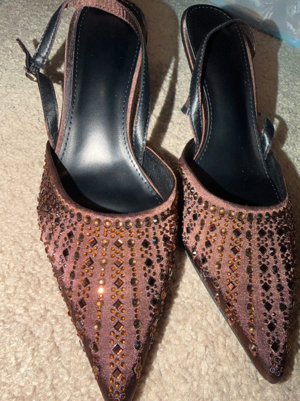 Embellished Pointed Toe Slingback Heels - Brown